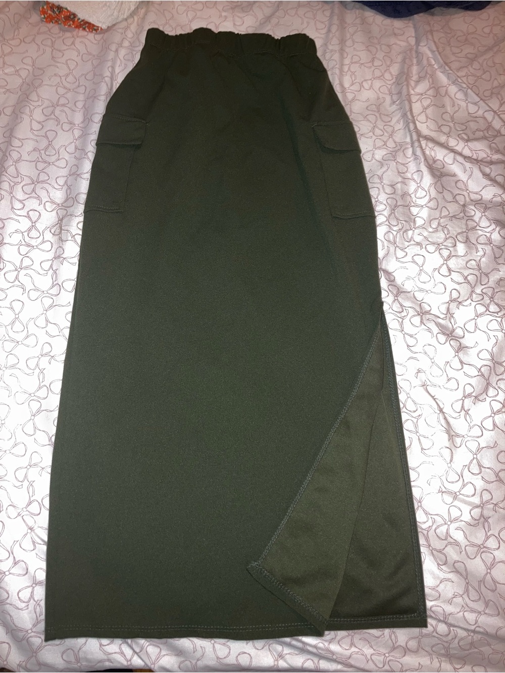 Areve Olive Green Midi Skirt with Side Slit